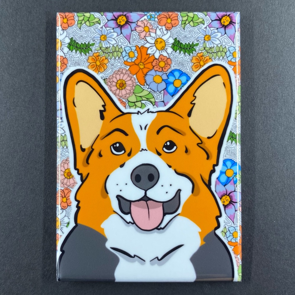 Red Tricolor Welsh Corgi Dog Retro Flower Magnet Handmade Kitchen Decor